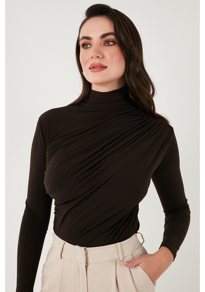 Lela Streç Büzgü Detaylı Slim Fit Dik Yaka Bayan Bluz 669925 Kahve