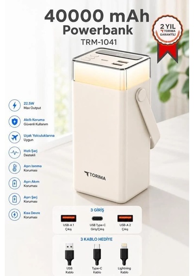 Premium Hızlı Dolum Telefon Dolumu Fenerli Ürün Taşınabilir Batarya Trm-1041 Beyaz 22,5w Çok Renkli