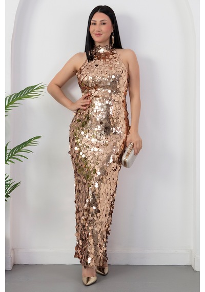 Kalopya Halter Yaka Büyük Pullu Elbise Abiye Ecr6094 Gold