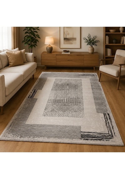 Çerçeve Desenli 200 X 300 Bambu Yün Halı Gri