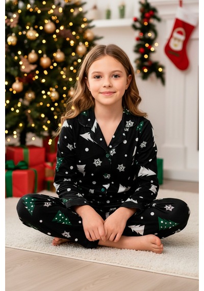 Kız Çocuk Pijama Takımı-%100 Pamuk Süet -12449 Siyah