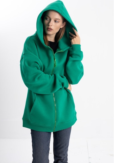 Kapşonlu Fermuarlı Yeşil Hoodie College Yeşil