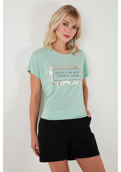 Lela Baskılı Bisiklet Yaka Regular Fit Bayan T Shirt 6671007 Mint