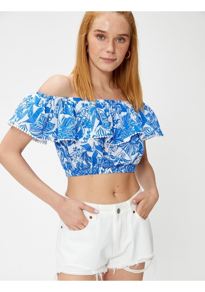 Koton Crop Bluz Madonna Yaka Fırfırlı Lacivert Desenli 3sak60181ew 3SAK60181EW7D1