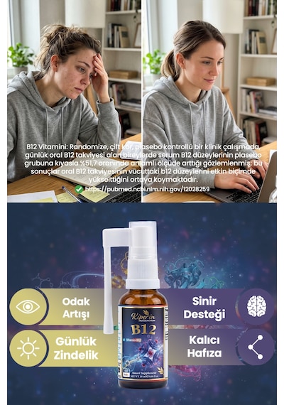 B12 Sprey 1500 Mcg Yüksek Emilim Enerji Ve Odak Desteği 20 Ml