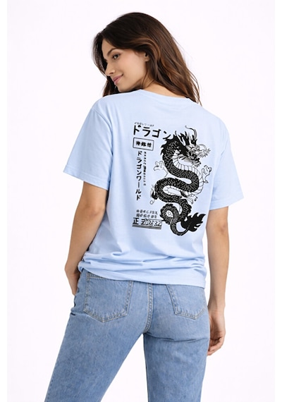 Sevgili Kombini Dragon Baskılı Çift Tişört Oversize Unisex Street Bej