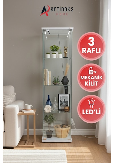 3 Raflı Ledli Kilitli Cam Vitrin Dolap Gümüşlük Koleksiyon Sergi Kitaplık Büfe Mutfak Raflı Detolf Beyaz 3 Raflı Ledli Kilitli Cam Vitrin Dolap Gümüşlük Koleksiyon Sergi Kitaplık Büfe Mutfak Raflı Detolf Beyaz