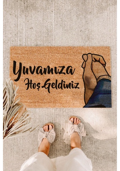 Yuvamıza Hoş Geldiniz Çift Figürlü Koko Kapı Önü Paspası Tek Renk