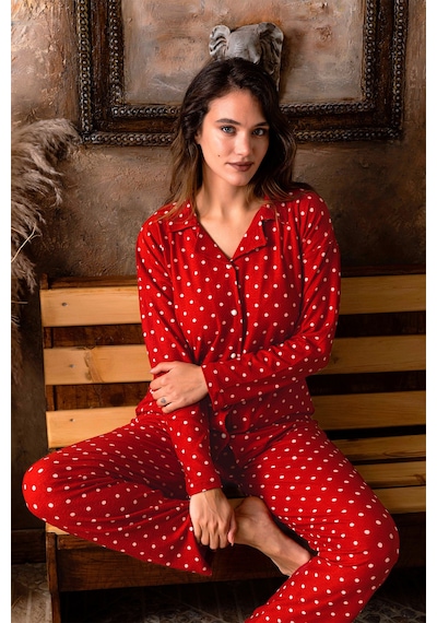 Nisanca Kışlık Düğmeli Ekose Desen Yılbaşı Temalı Kadın Süet Pijama Takımı Kırmızı