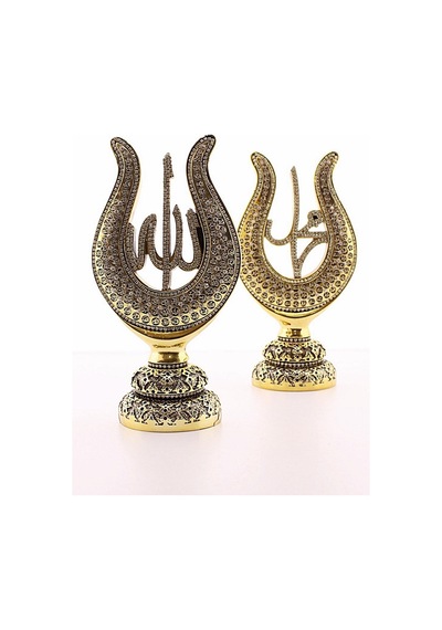 Orta Boy Biblo 22 Cm Lale Lafız 2'li Gold Allah Muhammed Polyester Üzerine Metal Kaplama Biblo