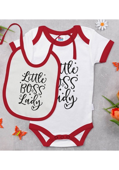 Bk Gift Bk Kids Little Boss Lady Tasarımlı Kırmızı Bebek Body Zıbın Ve Mama Önlüğü Hediye Seti-1 Çok Renkli
