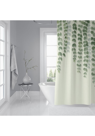 Banyo Duş Perdesi Sarmaşık Desen Yeşil Dijital Baskılı Banyo Perdesi, Tek Kanat C Halka-180x200 Cm Çok Renkli