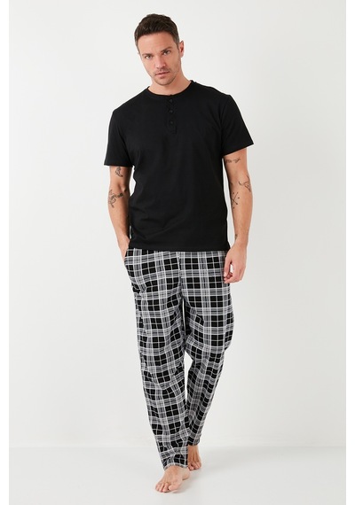 Buratti Ekoseli Pamuklu Beli Lastikli Regular Fit Kısa Kollu Erkek Pijama Takımı 6572004 Siyah