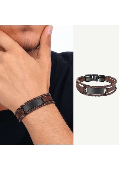 Tesbihane Minimal Tasarım Kahverengi Deri & Siyah Plaka Kişiye Özel İsim Harf Yazılı Bileklik Kahverengi