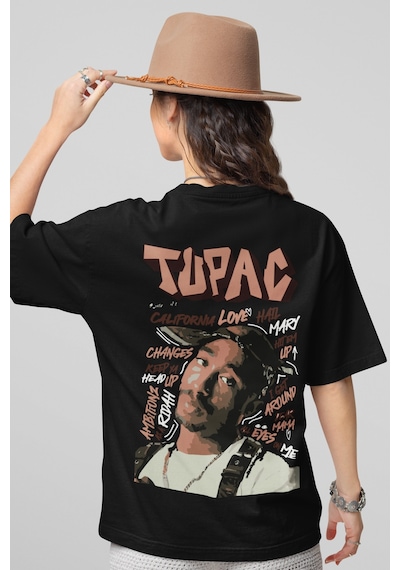 Tupac Rapper Sırt Baskılı Unisex Oversize Şarkıcı Tişört Siyah