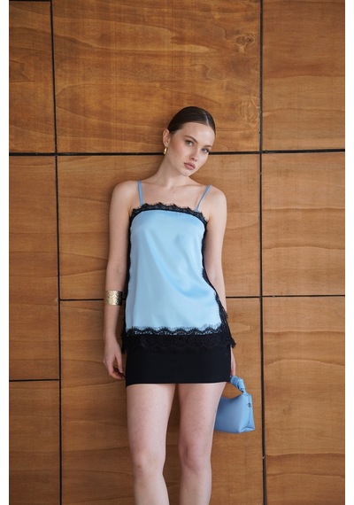 Verymoda Dantel Detaylı Askılı Saten Tunik - D2931 Mavi