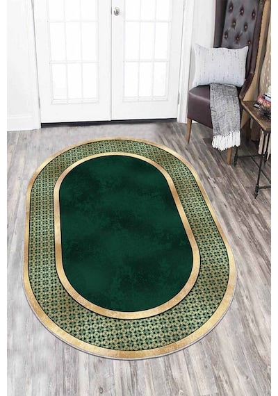 Yeşil Gold Çerçeveli Kaymaz Tabanlı Antre Halısı Oval Ar731n11 Yeşil - Gold