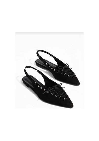 Dadwolf Kadın Süet Bağcıklı Slingback Babet Sivri Burun Arkası Açık Günlük Ayakkabı Siyah Süet