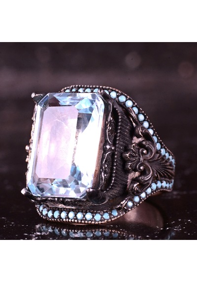 Kambo El Yapımı 925 Ayar Gümüş Mavi Topaz Taşlı Erkek Yüzük - 18 Gr