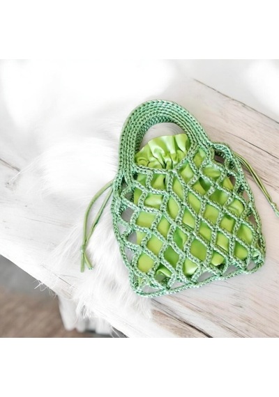 El Yapımı Yeşil Metalik Mini Çanta Saten Astarlı Örgü Kadın El Çantası Yazlık Şık Handmade Bag