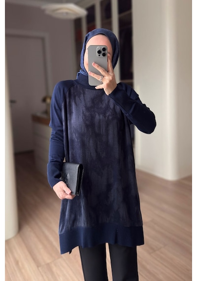 Kahijab Desenli İpek Cupra Merserize Tunik - Lacivert