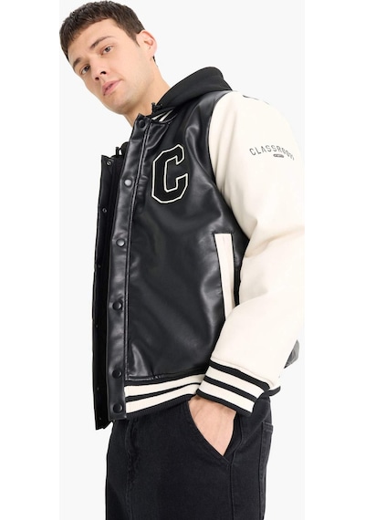 Defacto Regular Fit Kolej Yaka Çıkarılabilir Kapüşonlu Çıtçıtlı Suni Deri Bomber Mont E9972ax25aubk27 Siyah