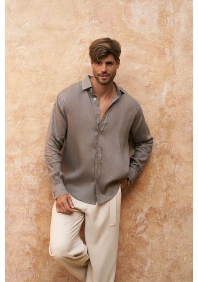 Mai Collection Mai Studios Co. Agnola Oversize Erkek Füme Keten Gömlek Füme Mai Collection Mai Studios Co. Agnola Oversize Erkek Füme Keten Gömlek Füme