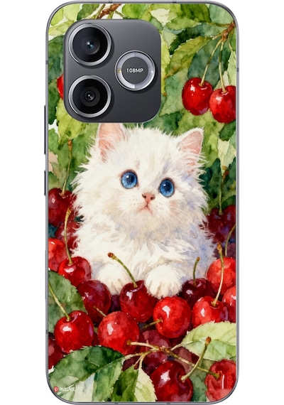 Honor 600 Uyumlu Kirazlı Kedi Baskılı Silikon Kılıf Renkli