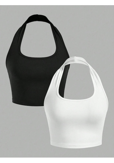 Liona 2'li Paket Kare Yaka Siyah Ve Beyaz Renk Boyun Askılı Crop Top Bluz