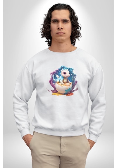 Sevimli Bebek Ejderha Elmas Yumurta Unisex Beyaz Baskılı Sweatshirt Beyaz