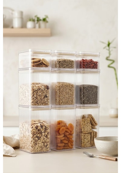 9'lu Etiketli Vakumlu Dikdörtgen Kavanoz Seti 3x2,7lt-3x1,6lt-3x900ml Şeffaf