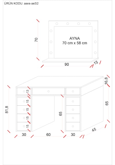 Ases Mobilya Asl52 Hollywood Işıklı Makyaj Masası Bol Çekmeceli Modern Tasarım Beyaz Beyaz