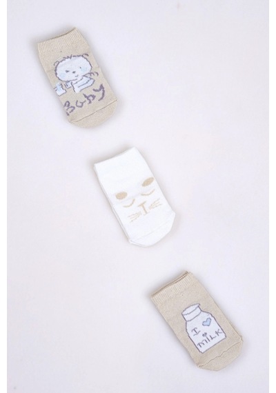 Cocole Socks Erkek Bebek Soket Çorabı 3 Lü Set Pamuklu Bej Sevimli Figür Desenli Çok Renkli
