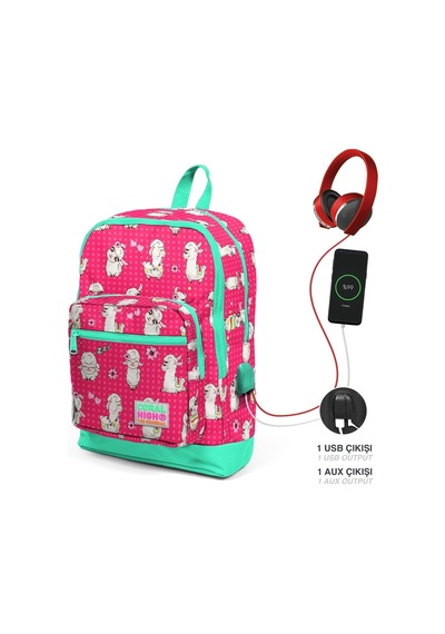 Coral High Okul Çantası Ve Beslenme Çantası Seti - Kız Çocuk Yeşil Kırmızı Lama - Usb Soketli