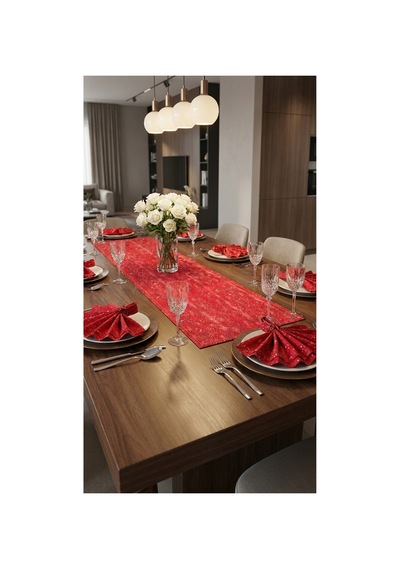 %100 Pamuk Simli Kırmızı Desenli Dikdörtgen Runner 40x150 Kırmızı - 889514482 Kırmızı