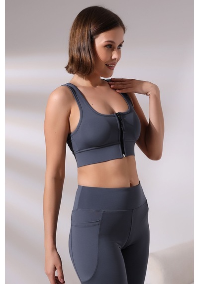 EMFURE Füme Fermuarlı Spor Büstiyer - Sports Bra / Crop Destekli Spor Sütyeni Füme
