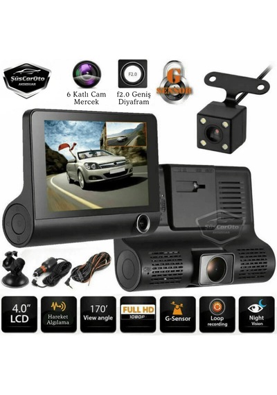 3 Kameralı Kayıt Cihazı İç Ön Arka Geri Görüş Kameralı 4.0" 1080p Full Hd Kayıt Çarpışma Algılayıcı Sensörlü Gece Görüşlü Park Sensörü Sesli Yol Kayıt 00 Şüscaroto Aksesuar