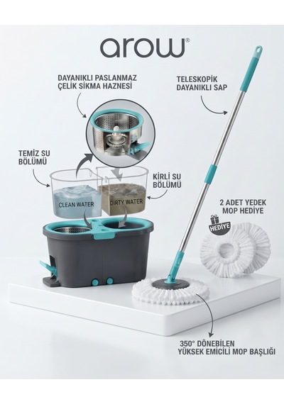 Arow Master Clean Çift Hazneli Spin Mop Seti 2 Adet Mikrofiber Paspas Hediyeli