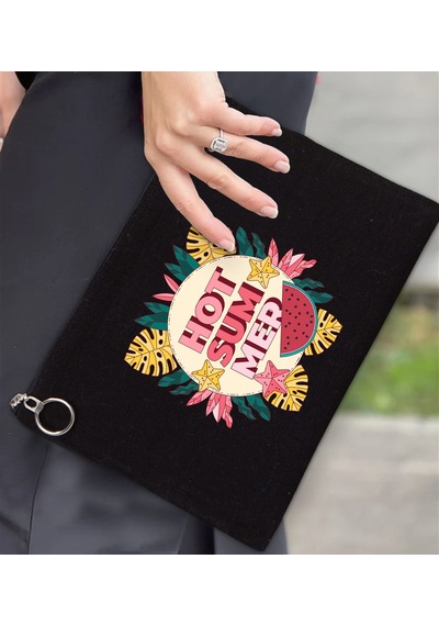 Bk Gift Yaz Temalı-8 Astarlı Siyah Portföy Çanta 30x21cm, Baskılı El Çantası, Organizer Çanta