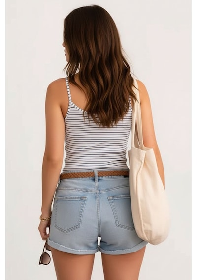 Mamayaga Kadın Yazlık Askılı Önü Düğmeli Çizgili Esnek Curve Uyumlu Spor Şık Casual Bluz Beyaz - Mavi