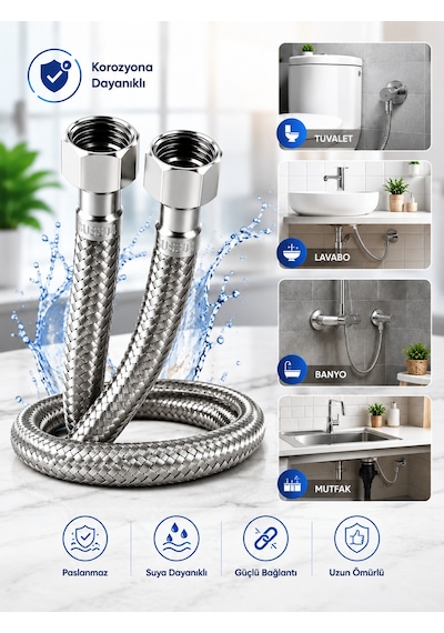 100 Cm Paslanmaz Çelik Örgülü Flex Hortum 3/8'x3/8' - Klozet Ve Taharet Musluğu İçin Dayanıklı Bağlantı Hortumu