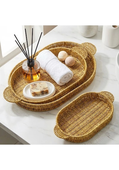 Durukar İç İçe Geçebilen 3 Lü Oval Plastik Rattan Tepsi Seti Hasır Görünümlü Çok Amaçlı Servis Ve S