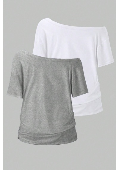 Cool Tarz Gri Beyaz 2li Paket Kadın Düşük Omuz Kayık Yaka Oversize T-shirt Gri - Beyaz Gri - Beyaz