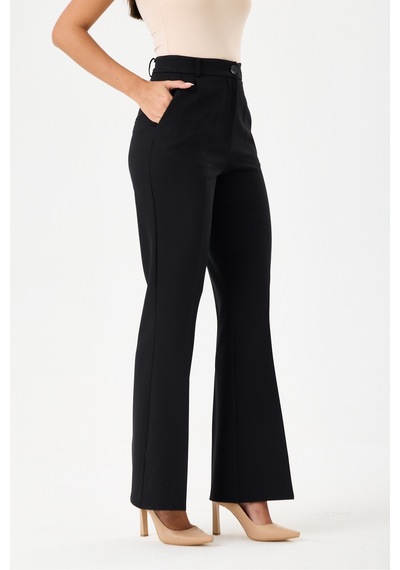 Velnara Moda Siyah İspanyol Paça Cepli Yüksek Bel Dokuma Kumaş Kadın Pantolon Siyah - 918305891 Siyah