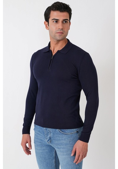 Slim Fit Esnek Pamuklu Fermuarlı Polo Yaka Lacivert Triko Tr 902