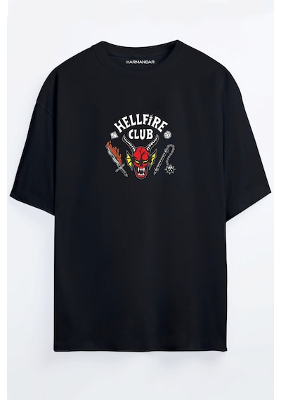 Hellfire Club Baskılı Unisex Siyah - Turuncu - Bej Oversize T-shirt SIYAH
