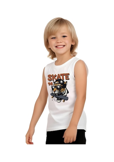 Fyk Kids Erkek Çocuk Baskılı Sıfır Kol Skate Crunch Alt-üst Takım Beyaz