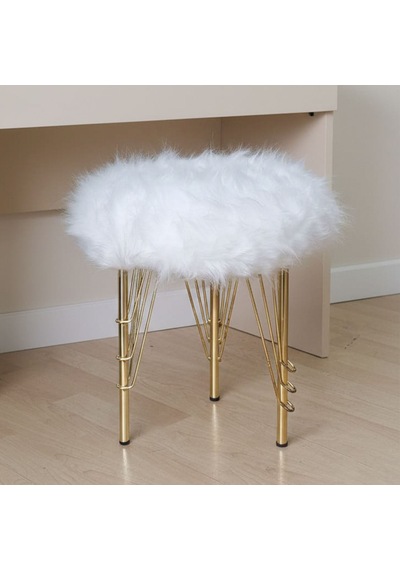 Beyaz Peluş Puf Tabure, Gold Renk Metal Ayaklı Yumuşak Oturma Pufu 38x37 Cm - Yatak Odası, Salon Pufu Beyaz