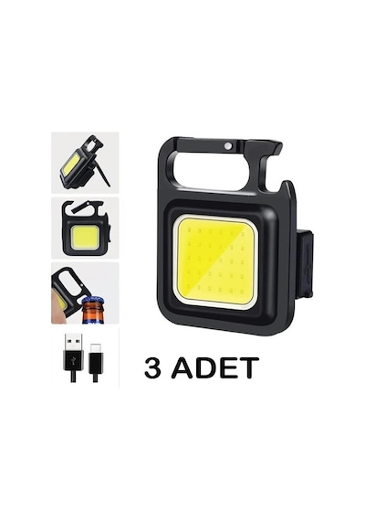 3 Adet Led Mini Anahtarlık Fener Şarjlı Kamp Balıkçı Tamirci Için Çalışma Feneri Çok Fonksiyonlu Taşınabilir Siyah