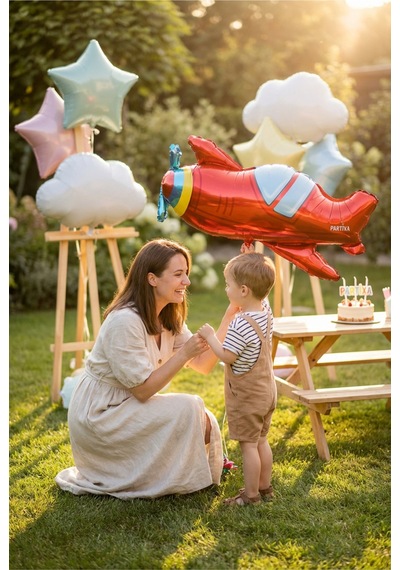 Kırmızı Uçak Folyo Balon 94x50 Cm Uçak Temalı Çocuk Doğum Günü Parti Süsü Çok Renkli